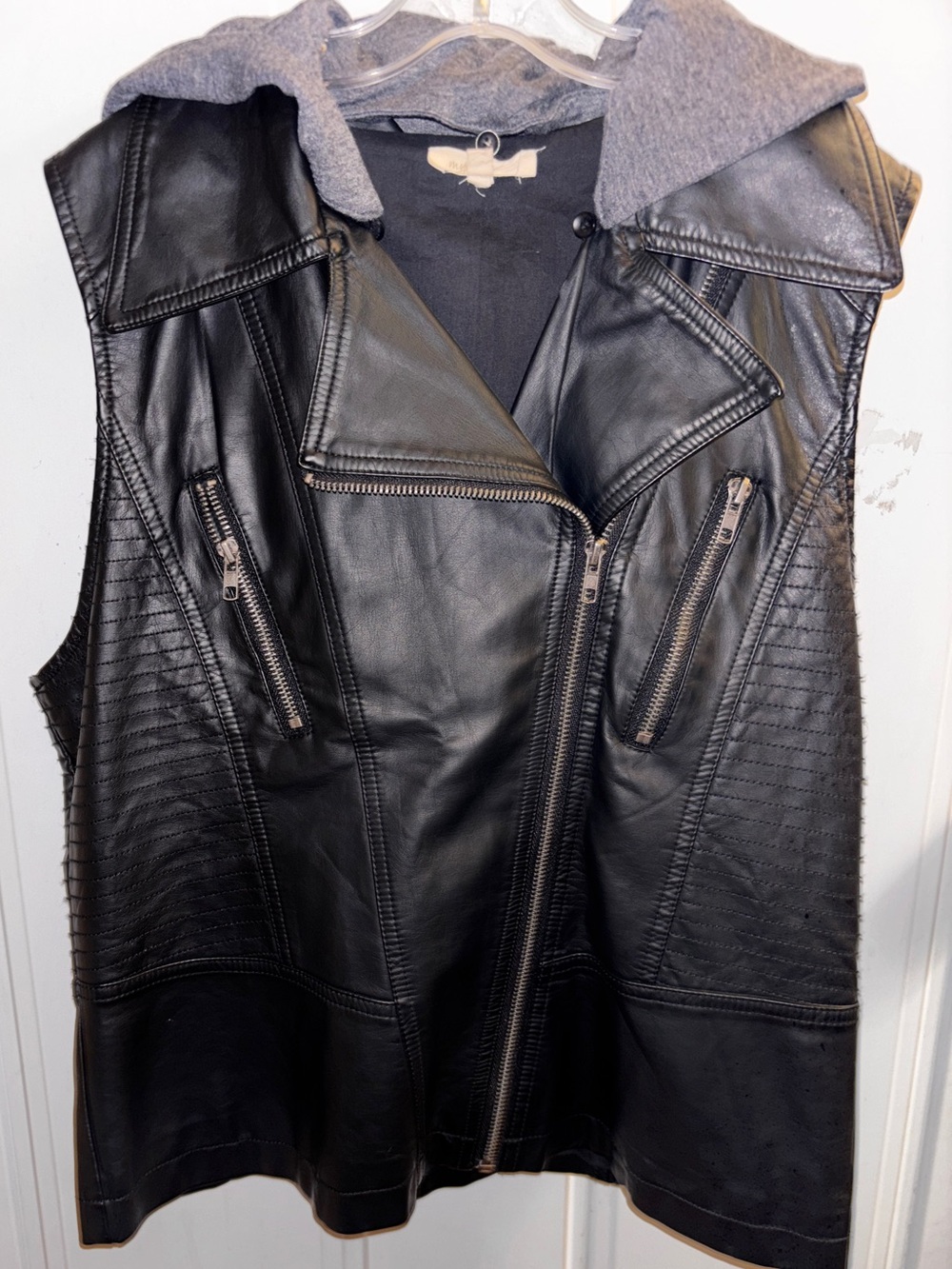 Mystree Sz.large Black Faux Leather Vest Gray w/detachable Hood-Ptp:20